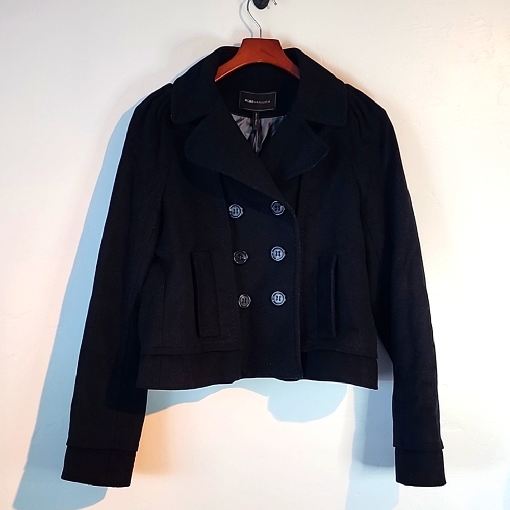 BCBG MAXAZRIA pea coat short jacket size L 70% Wool